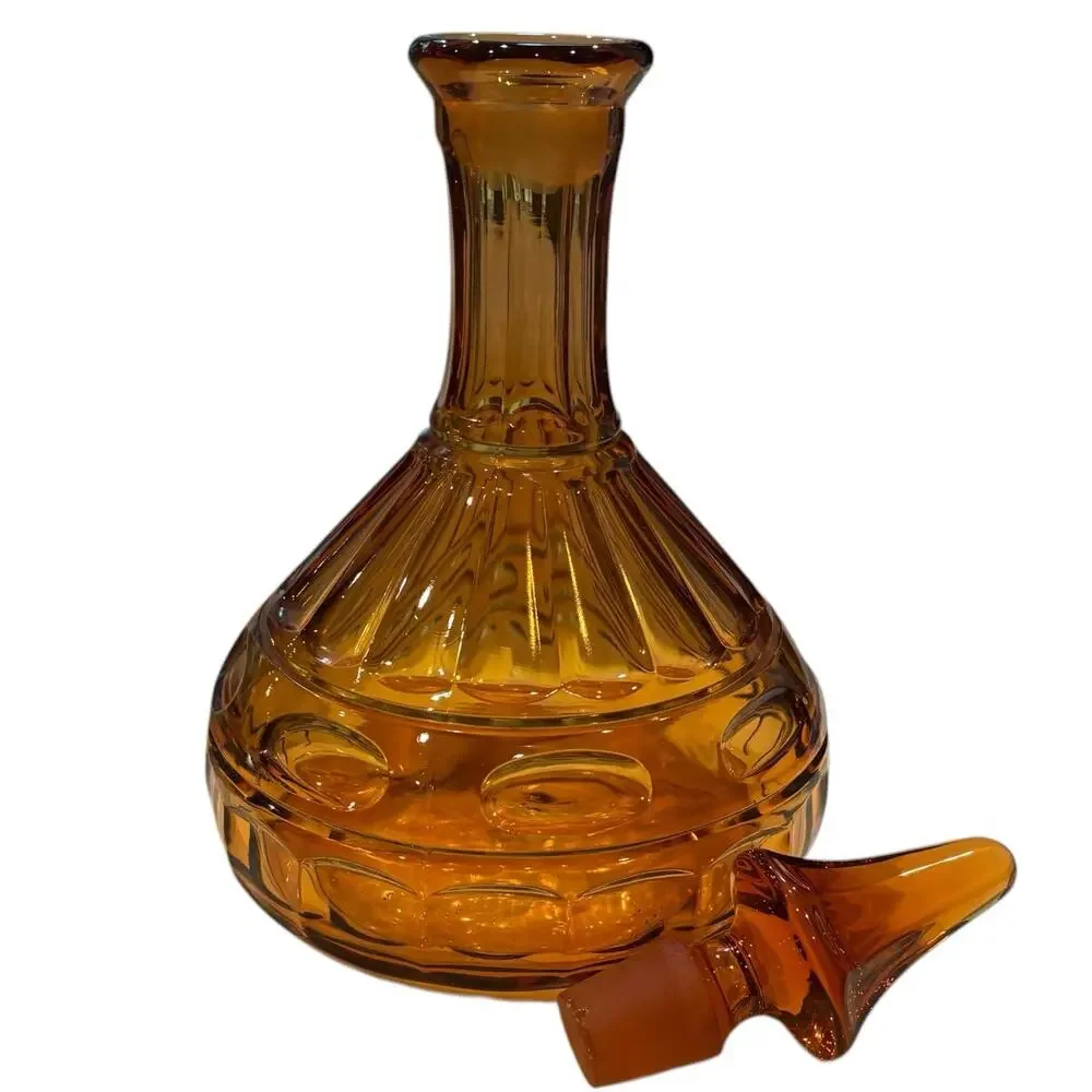 Vintage Empoli Italy Wide Panel Ribbed Glass Decanter & Stopper Amber*
